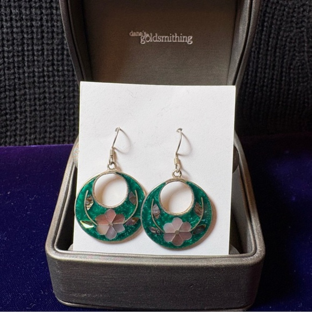 Green and Silver Floral Inlay Earrings
